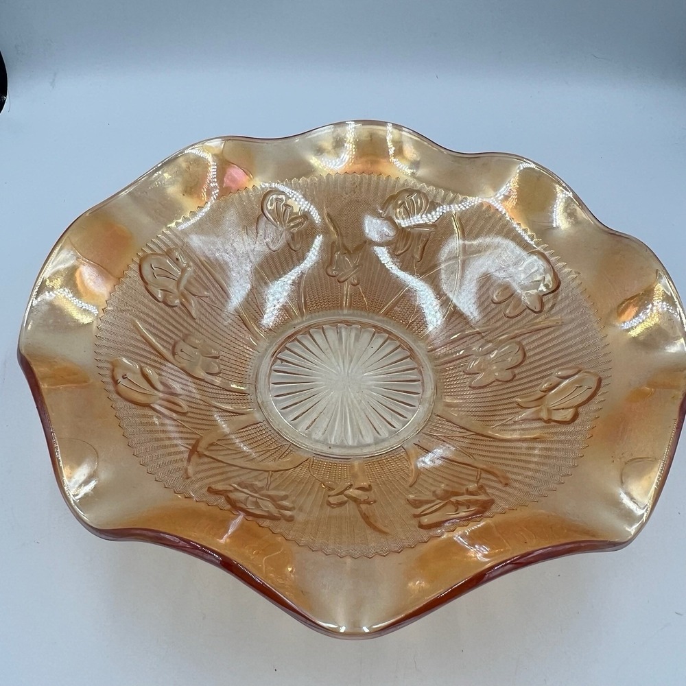 Jeannette Iris & Herringbone‎ Marigold Iridescent Glass Fruit Bowl 11" Vintage